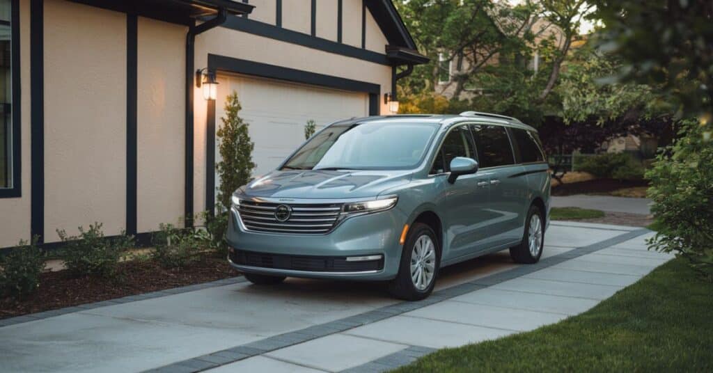 A photo of a mini van parked in the driveway.