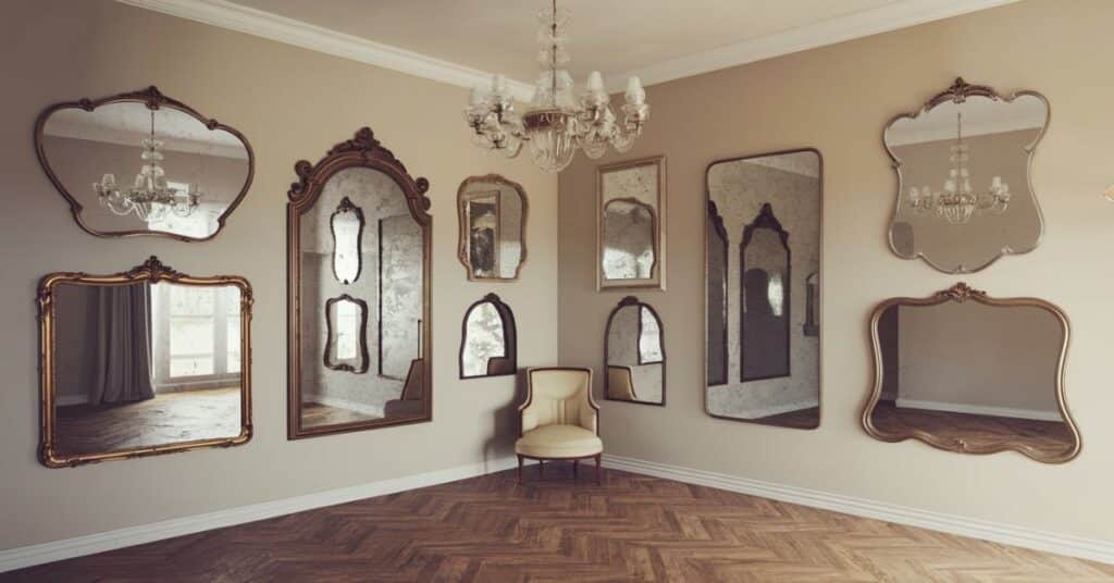 A room which is decorated with different sizes and shapes of mirrors.