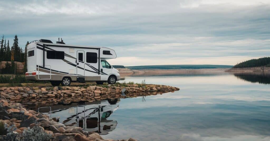 An image of a 5 meters long RV parked at the bank of the lake.