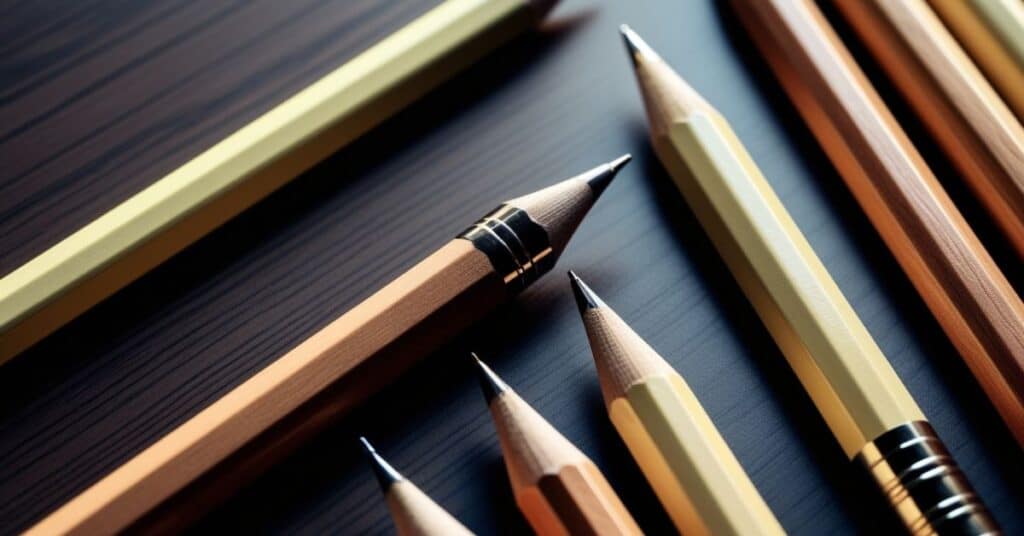 An image of different pencils placed on the wooden table