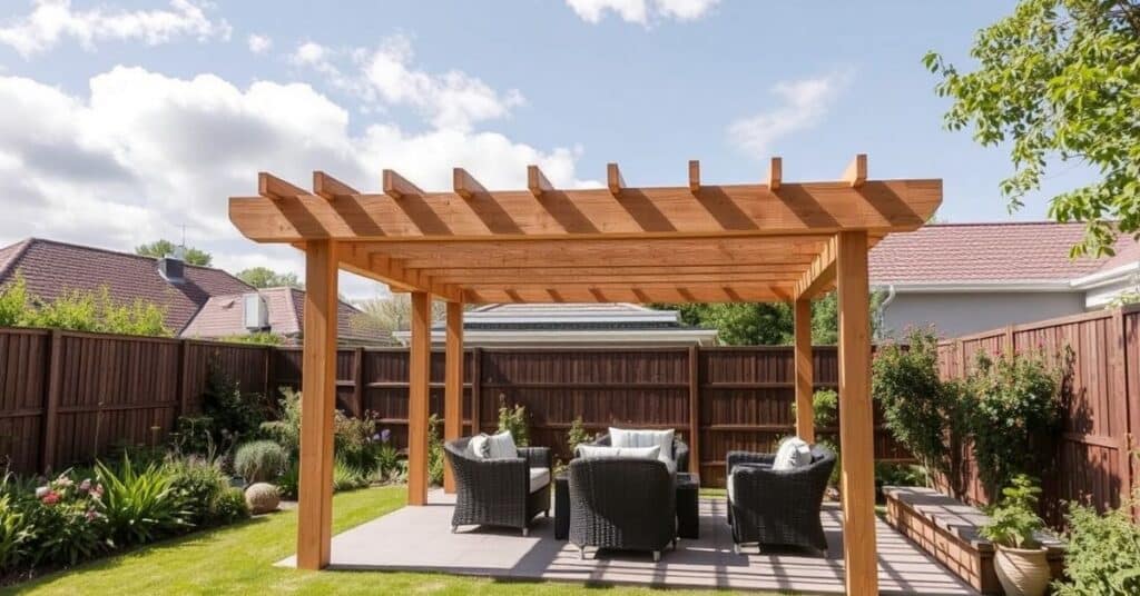 An image of a beautifully designed 5 meter pergola surrounded by greenery.