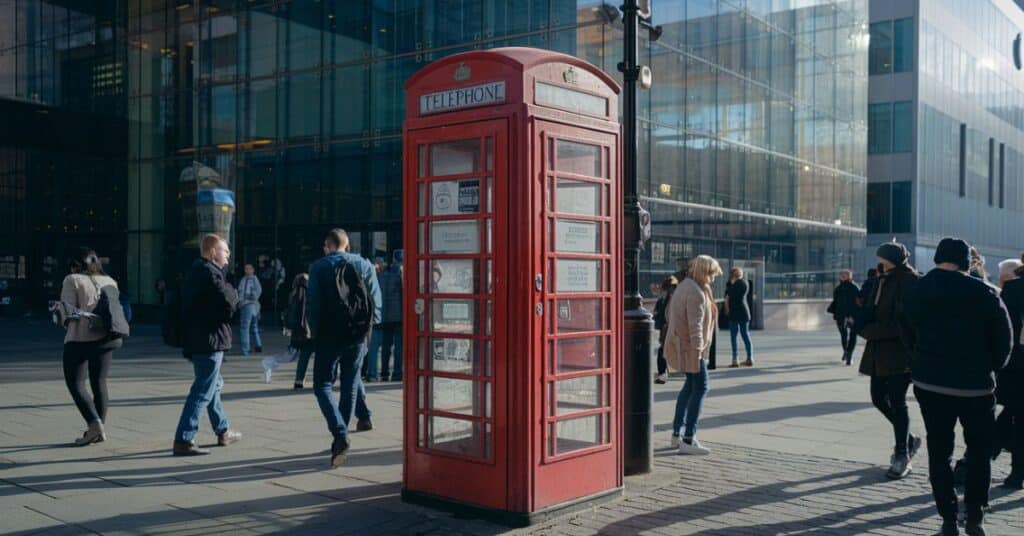 An image of a traditional telephone booth on a busy city street.