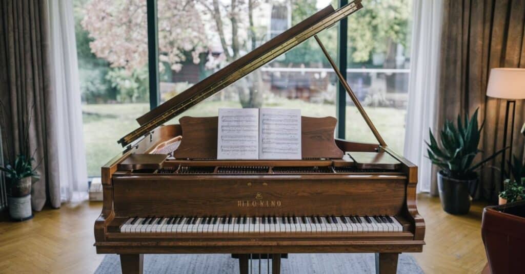 Image of a piano ready to be played, focusing on the 2 cm width of a white key.