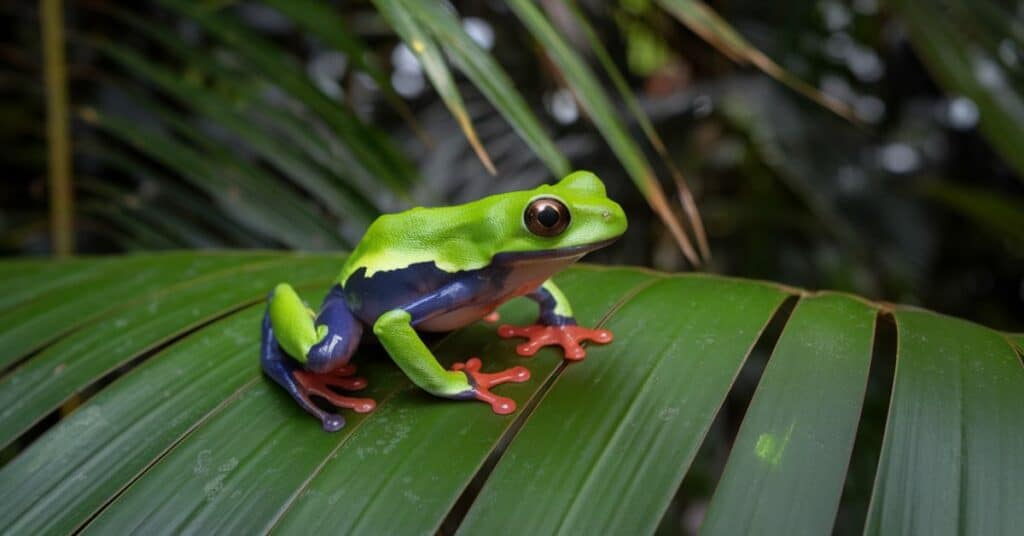 a small poison dart frog is sitting peacefully on a leaf.