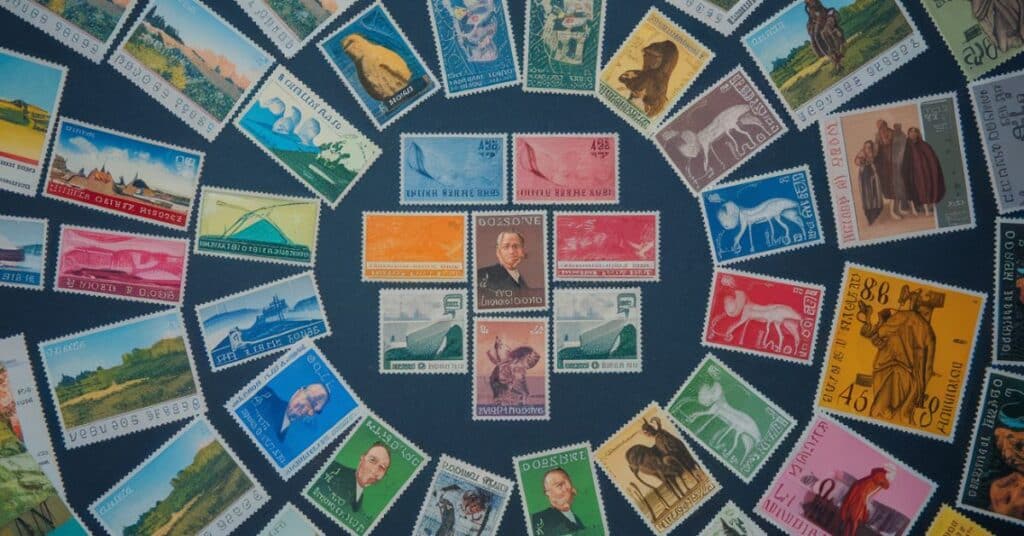 Various postage stamps measuring approximately one inch wide.