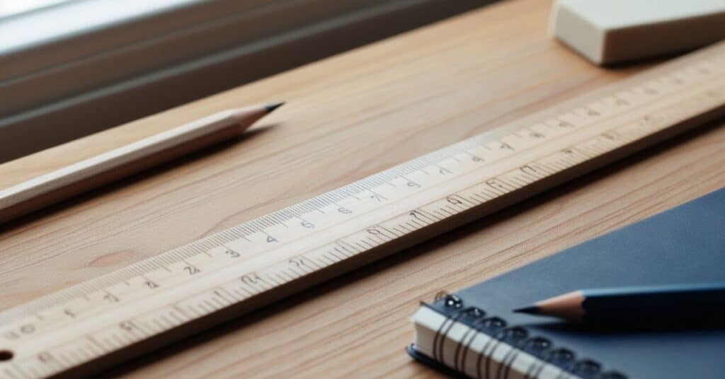 a wooden ruler is placed on the table with two pencils and a notebook