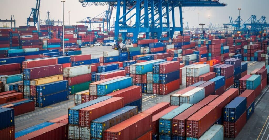 A photo of colorful shipping containers at a busy shipping port, highlighting their impact on global trade.