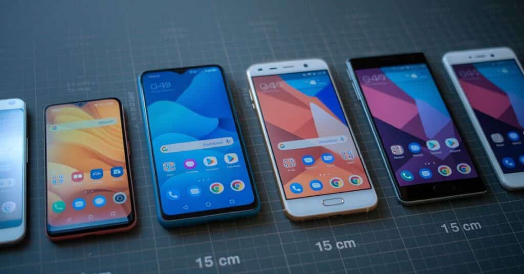 A lineup of smartphones with their lengths labeled, highlighting those around 15 centimeters.