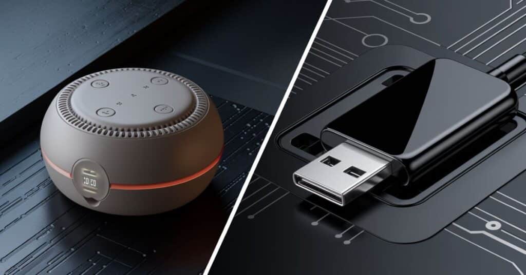 A collage of mini speaker and USB flash drive, displayed vertically with the tech inspired background.