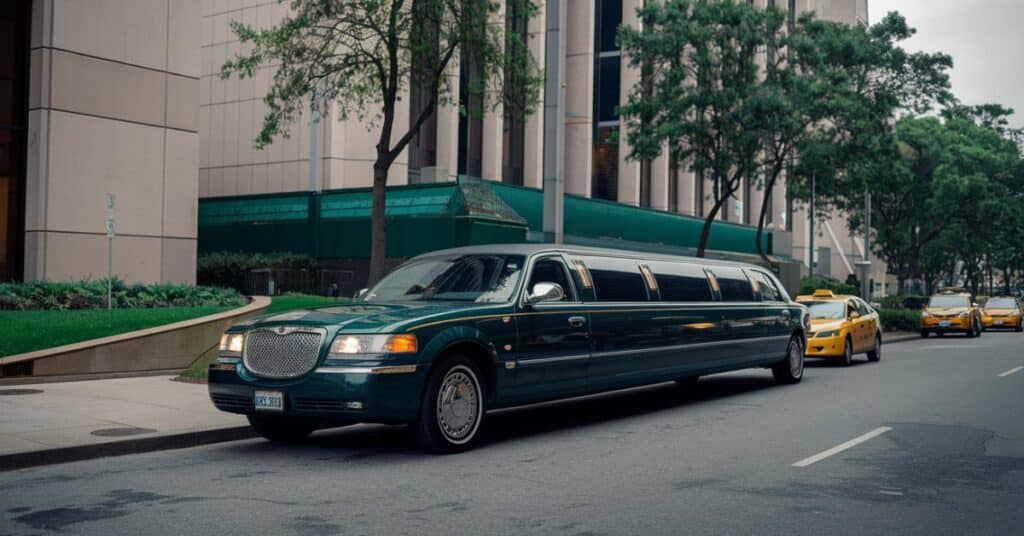 An image of a stretch limousine parked in an urban setting, highlighting its impressive length of 5 meters.