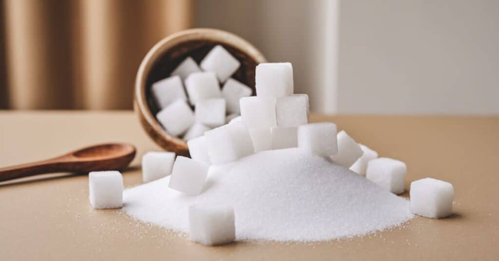 Sugar cubes along with the grinded sugar is placed on the table.