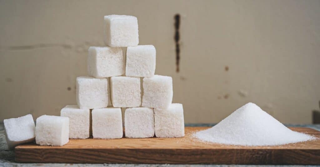 A photo of a stack of sugar cubes on a wooden board. There is a small pile of grinded sugar on the right side of the board,