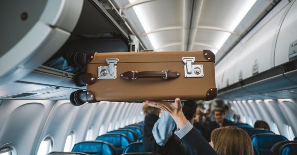 A carry on suitcase fitting into an airplane's overhead bin.