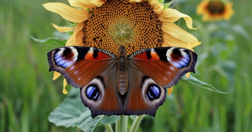 A Peacock butterfly perched on a flower both presenting the length of 15 centimeters