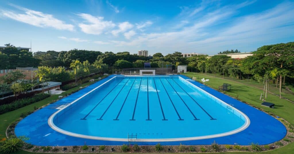 An Olympic-size swimming pool measuring approximately 100 feet in length.