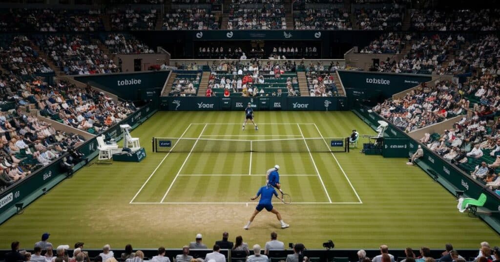 A huge tennis court in which a match is ongoing.