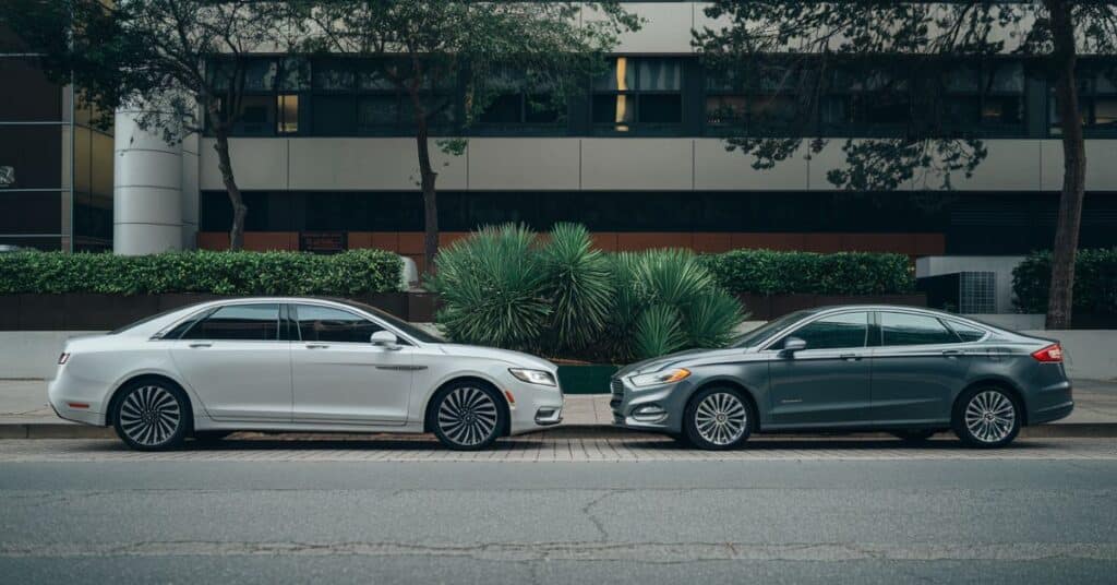 Two sedan cars parked in front of each other, illustrating a total of 30 feet in length.