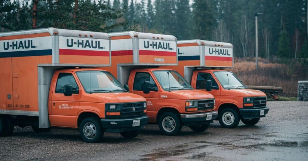 Three U Haul trucks lined up, each measuring 10 feet, in total 30 feet length