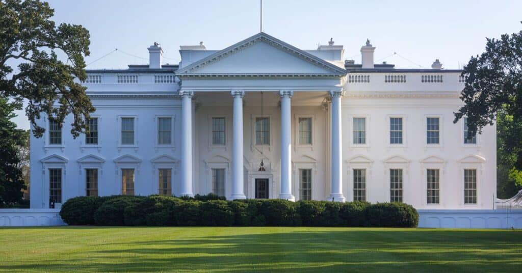 A picture of the White House with its iconic design, showcasing its measurement of 80 feet.