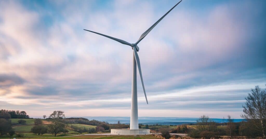 A wind turbine with an elongated blade measuring almost 100 feet.