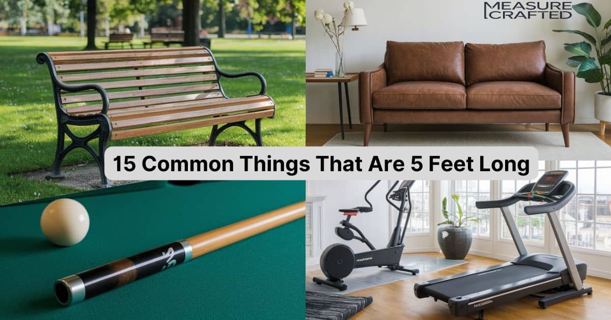 A collage featuring 4 items, each measuring around 5 feet in length: a wooden park bench, a two seater couch, a pool cue, and a treadmill.