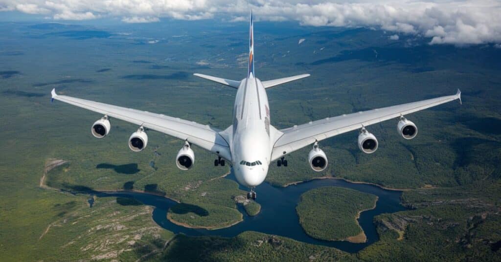 An aerial shot of the Airbus A380 in flight, showcasing its massive wingspan.