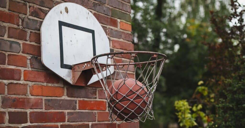 A photo of a basketball hoop mounted on a brick wall. There is a basketball at the bottom of the hoop.