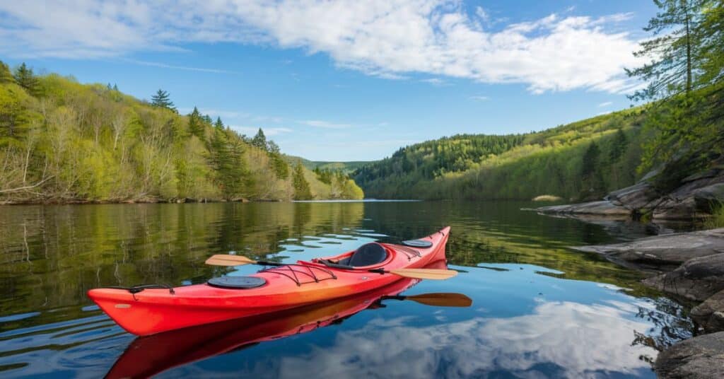 A photo of a bright red kayak with a wooden paddle in the lake surrounded by lush green forests. The ground near the kayak is rocky.