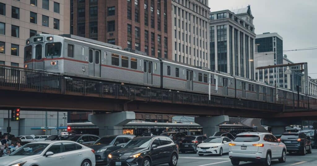 A photo of the famous L trains in Chicago. The train is moving along a track above a busy street.