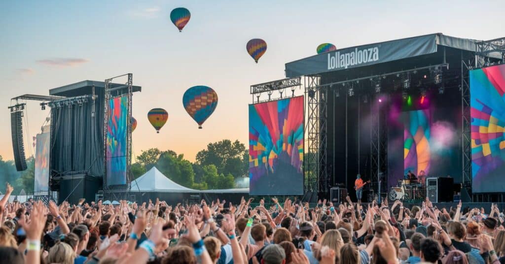 A photo of a Lollapalooza music festival. The crowd is a sea of hands raised in the air. The background is a sky filled with colorful hot air balloons.