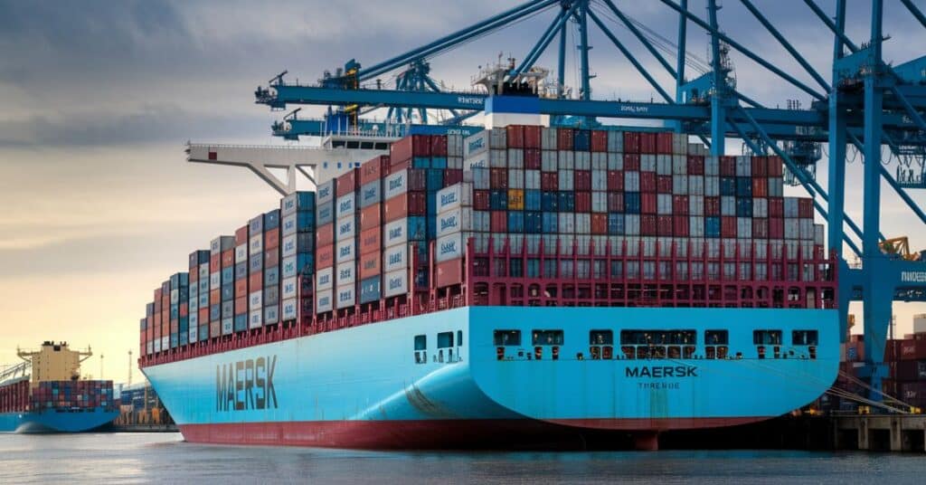 A photo of a Maersk Triple E class container ship docked, with containers stacked high.