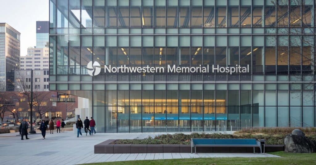 A photo of the exterior of Northwestern Memorial Hospital. The building is a modern architecture with a glass facade. There are people walking on the sidewalk.