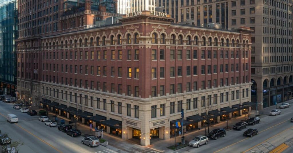 A photo of the Palmer House Hilton, a historic hotel located in Chicago, Illinois. The photo is taken during the daytime.