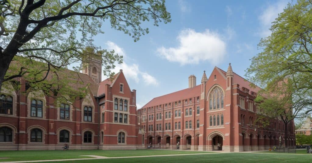 A photo of the University of Chicago campus. There are red brick buildings with gothic architecture.