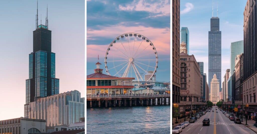 A photo collage of Willis Tower, Navy Pier, and Magnificent Mile.