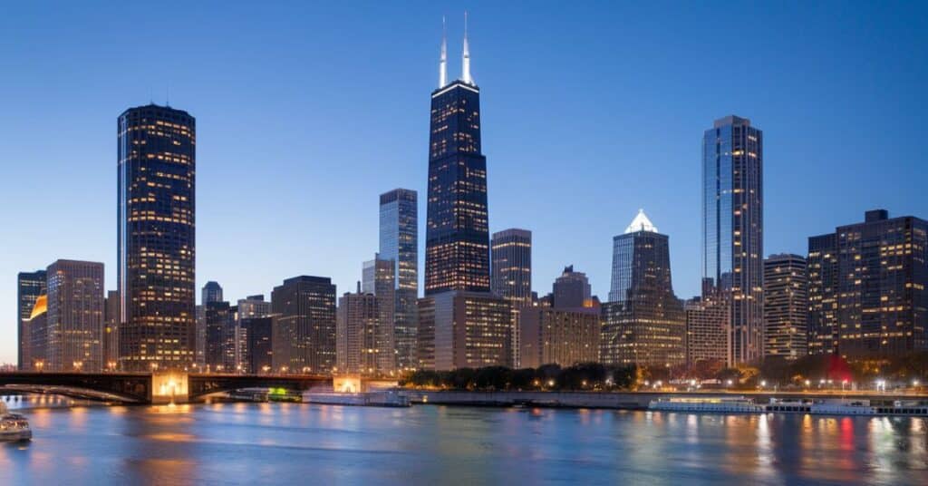 A photo of the Chicago skyline at night. The tower is illuminated with bright lights. The skyline is reflected on the calm waters of the Chicago River.