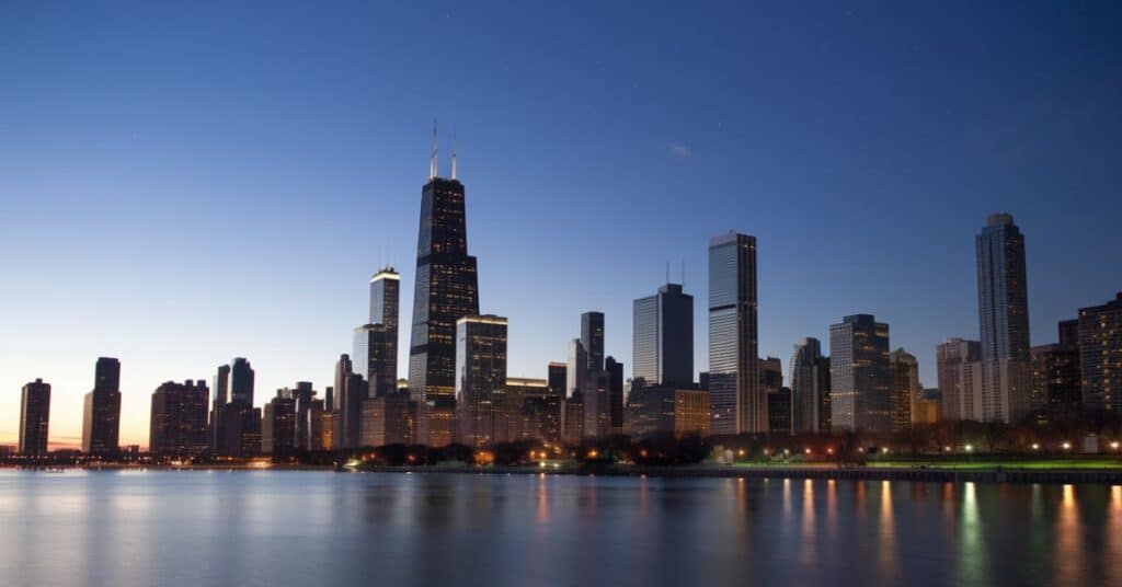 A photo of the Chicago skyline at night. The building is illuminated and reflects the lights of the city in its glass facade. The foreground is a calm lake with a few boats.