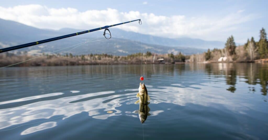 A  5 feet fishing rod with a bobber and a fish on the line, cast out into a calm lake. The background reveals a landscape with mountains and trees.