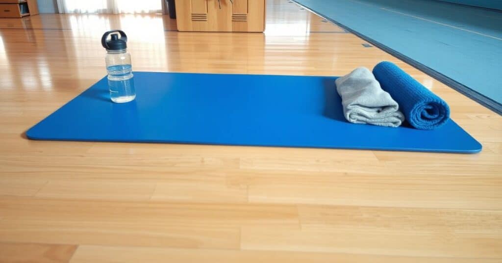 A gym mat, placed on a clean gym floor with a water bottle and towel beside it.