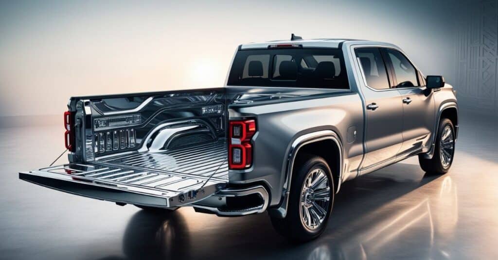 A modern pickup truck bed, sleek and glossy, with a stainless steel floor and walls, set against a gradient background.