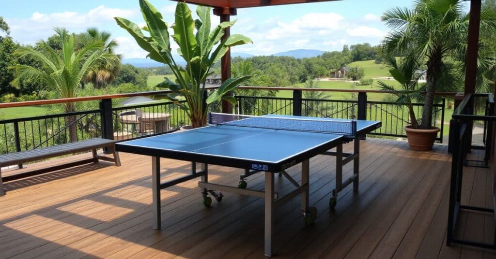 A ping pong table placed in the balcony of a farmhouse.