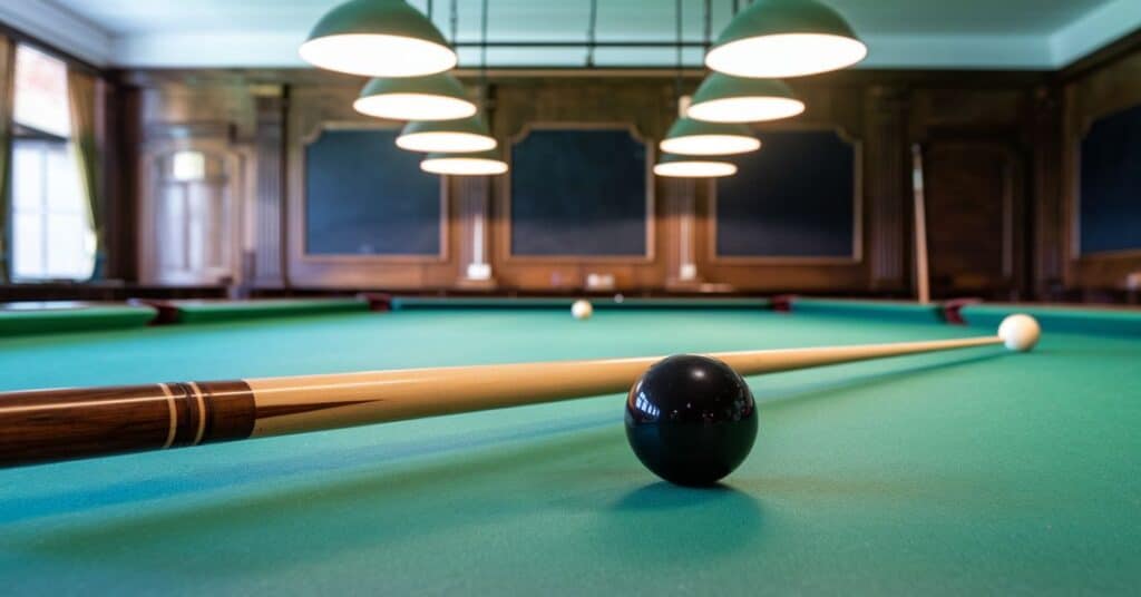 A full shot of a pool cue with a black ball. The cue stick has a wooden body and a white tip. The background is a classic pool hall.