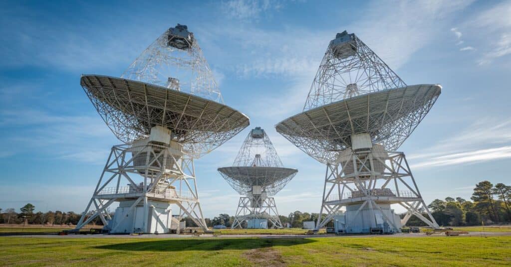 An image of a 3 large radio telescope array in an open field, pointed skyward.