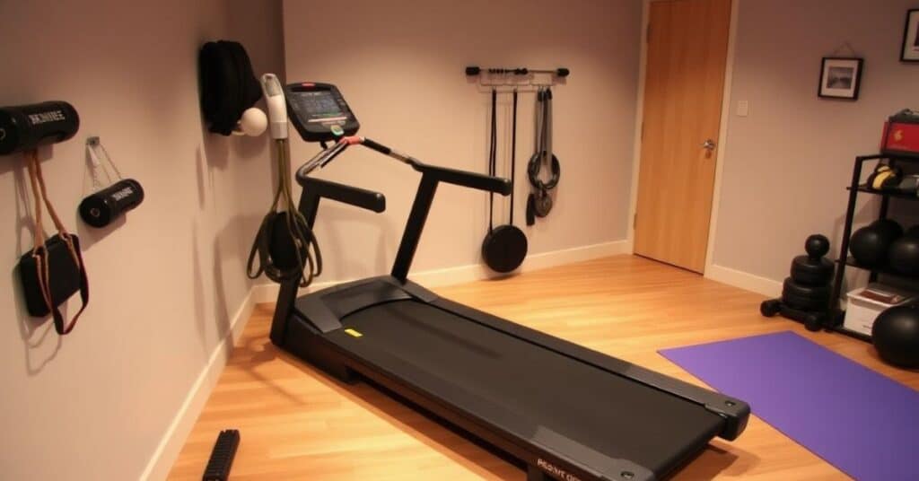 A 5 feet long treadmill in a home gym setup with a yoga mat nearby.