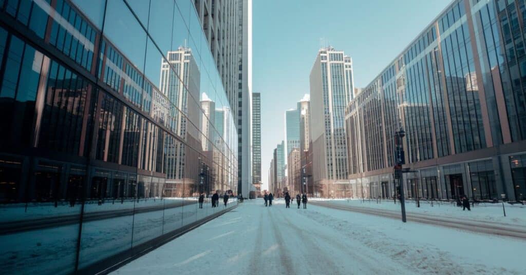 A photo of a snowy day in Chicago with a clear blue sky. The ground is covered with fresh, untouched snow. A few people are seen walking on the sidewalk.