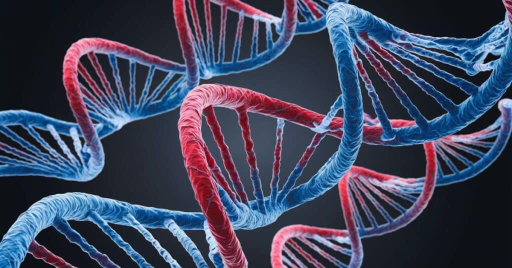 A DNA double helix structure with blue and red strands. The strands twist around each other in a spiral shape. The background is dark.