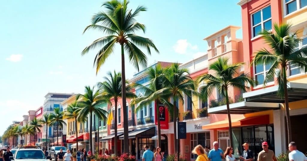 The scene includes colorful buildings and a clear blue sky, capturing the essence of Florida's warm and inviting atmosphere.