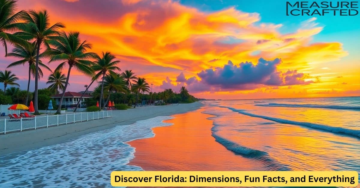 A view of Florida, showcasing its stunning beaches, lush palm trees, and vibrant sunsets. The sky is painted in brilliant hues of orange, pink, and purple as the sun sets on the horizon