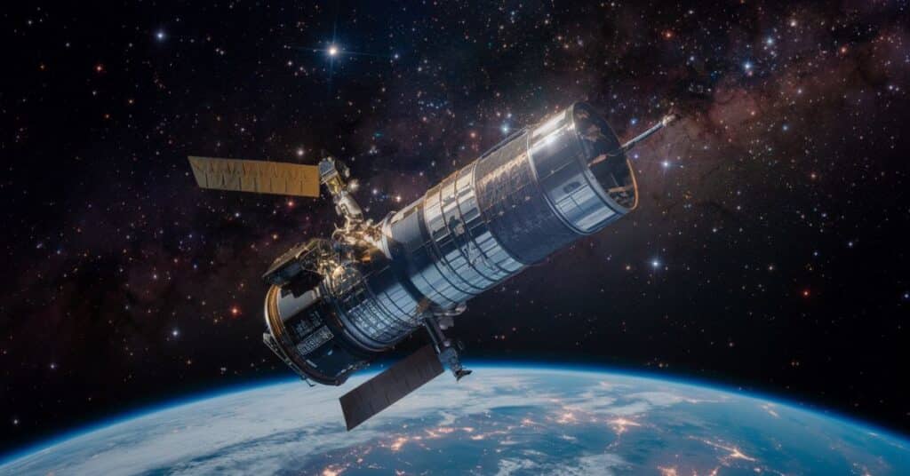 A photo of the Hubble Space Telescope floating in space. The telescope is surrounded by a myriad of stars. The Earth can be seen as a blue marble in the background.