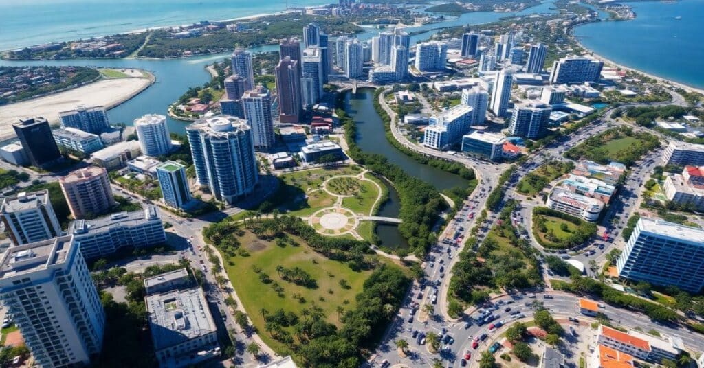 An aerial view of a bustling Florida city, showcasing a vibrant urban landscape filled with skyscrapers, palm trees, and winding waterways.